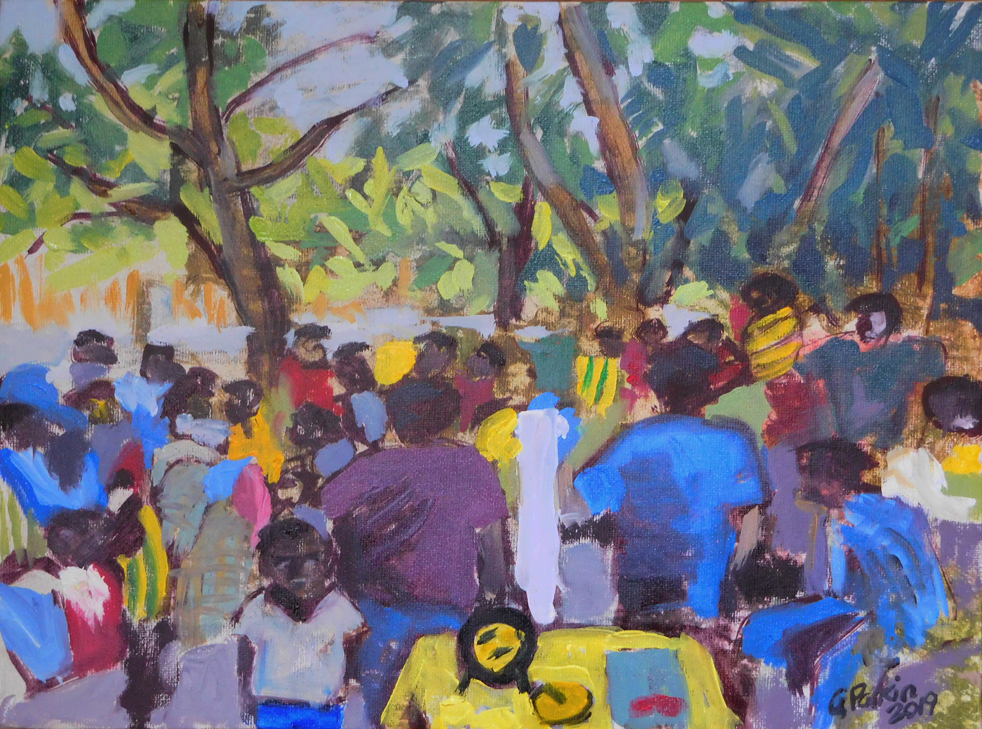 Artists impression of community observer training, where a large group of people dressed in variety of colours gather together for training in the shade of trees.