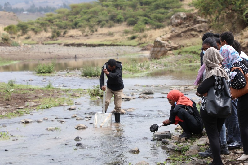 A group of people cluster together on the river bank, watching as one man stands ankle deep and dips a net into the water. The hillside behind is covered in green shrubs and bushes and sandy coloured grasses.