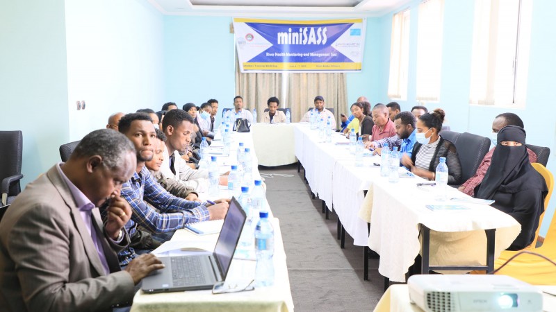 A large mixed group of people sit at a large table in a conference room during a workshop on miniSASS. A banner with the text 'miniSASS: River Health Monitoring and Management Tools' hangs on the far wall.