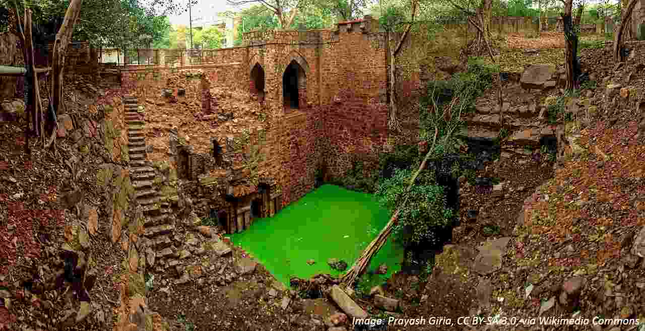 View down into the baoli, made of crumbling red brick walls. There is a small amount of water at the bottom of the baoli covered with green weeds and algae.
