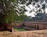 The arches and tank of Rajaon ki Baoli, an old stepwell of Delhi, are constructed of pink stone. The tank water is full of green weed and algae, and a green tree overhangs the wall. thumbnail