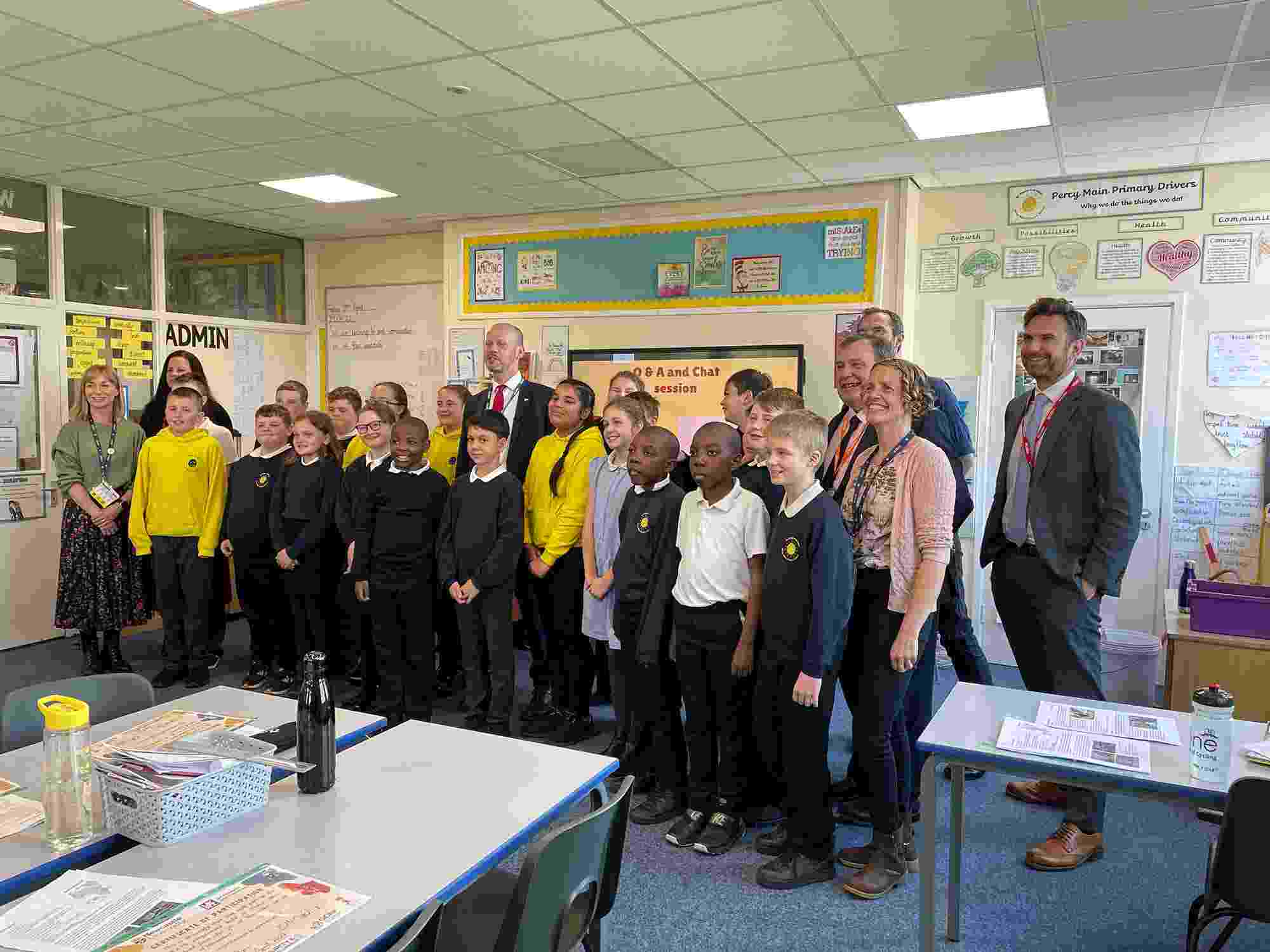 Participants in the KATS programme from Percy Main Primary School stand grouped together for a picture with the honourable North of Tyne Mayor, Jamie Driscoll