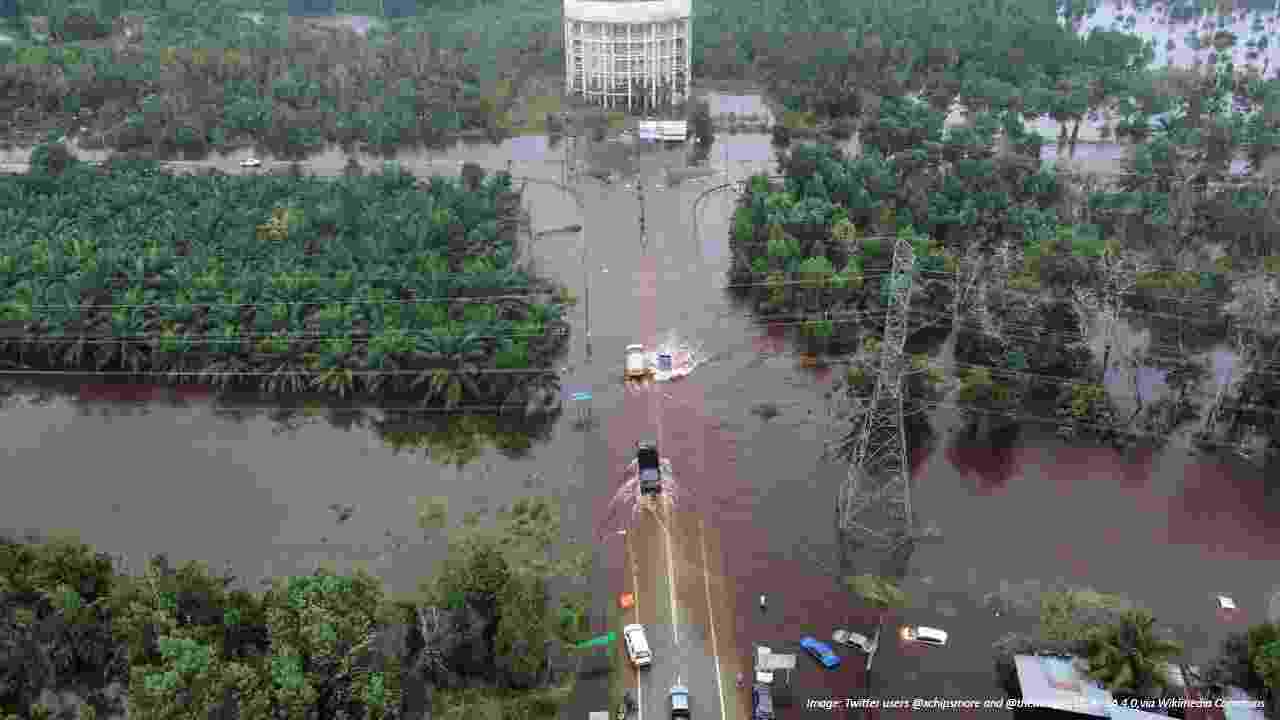 Aerial photograph of flooded roads in Kuantan Malaysia following the 2021 flood