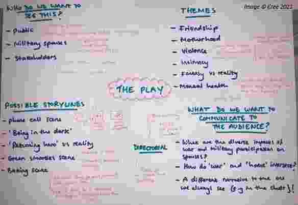 A spider diagram used for planning, with headings like 'Who do we want to see this?' and 'Possible storylines'