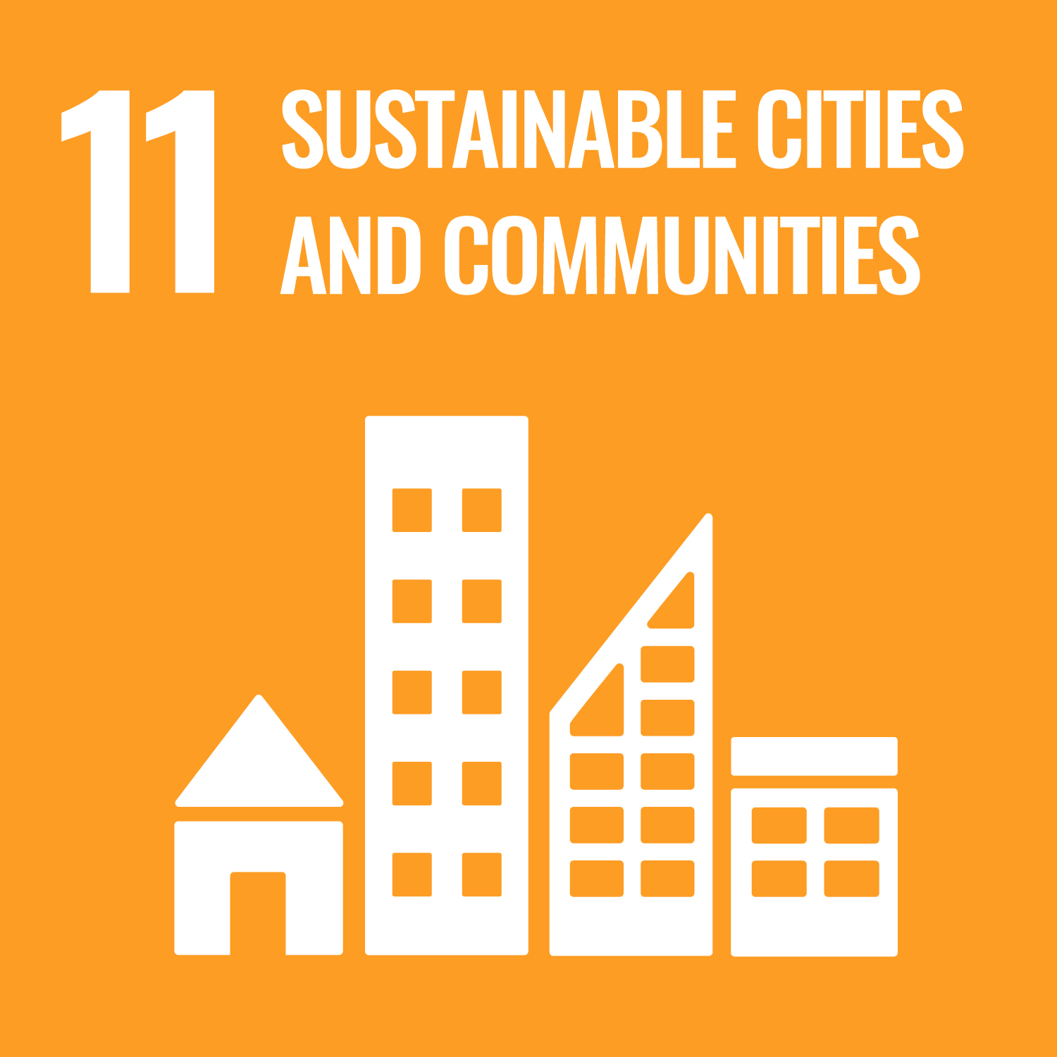 The logo for SDG 11, which has an orange background and overlaid white icons of houses and buildings. Text reads 'Sustainable cities and communities'