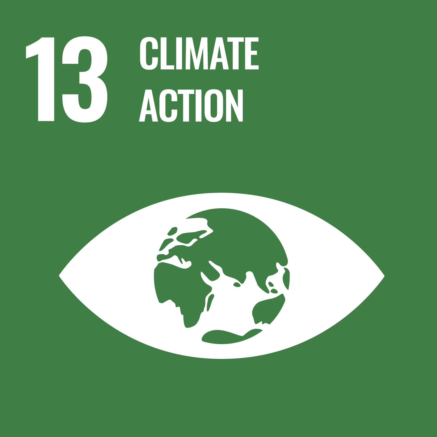 Image shows the logo for SDG 13, with a dark green background overlaid with a white icon shaped like a human eye, with the globe at the centre. Text reads 'Climate action'