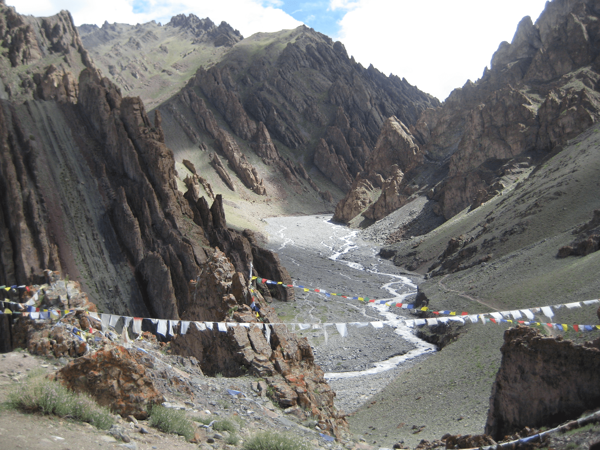 prayer flags over river in Himalayas